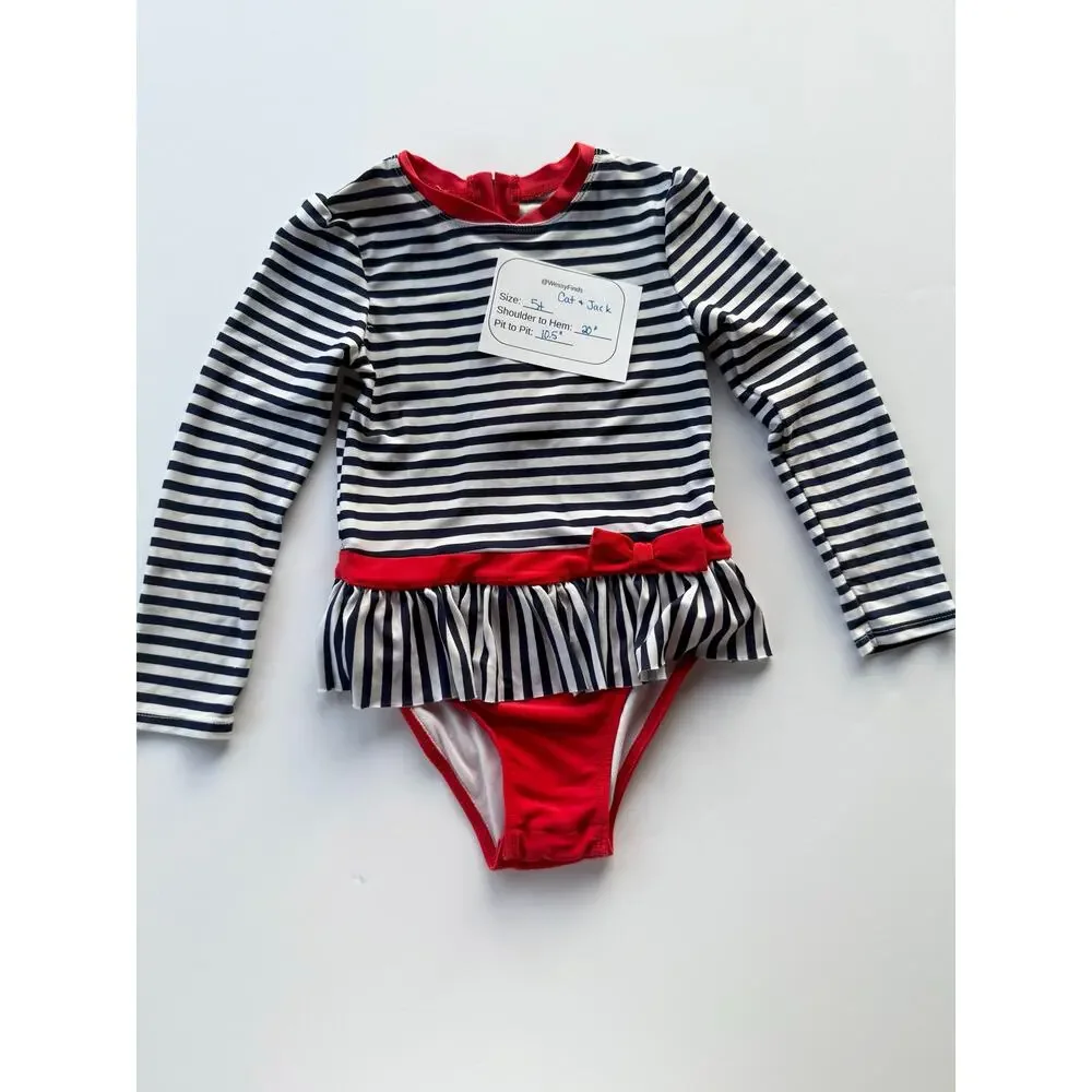 Nautical red black white striped bathing suit 5T snap crotch